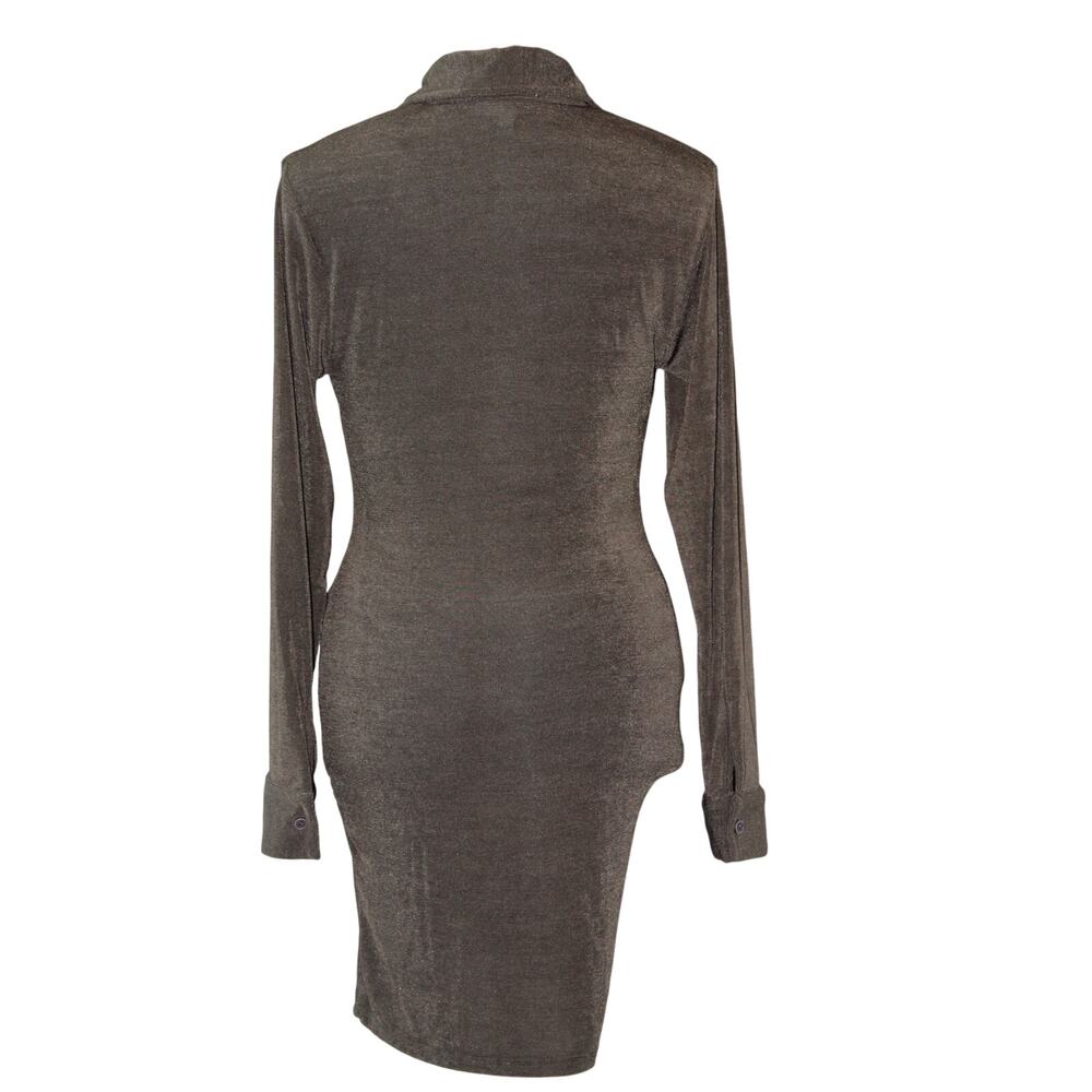 Mable Olive Metallic Ruched Button Down Mini Shirt Dress Long Sleeve Medium - Picture 4 of 5